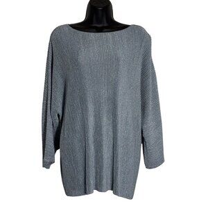 Eileen Fisher Metallic Ribbed Knit Dolman Sleeve Sweater XL Hemp Blend Blue Gray